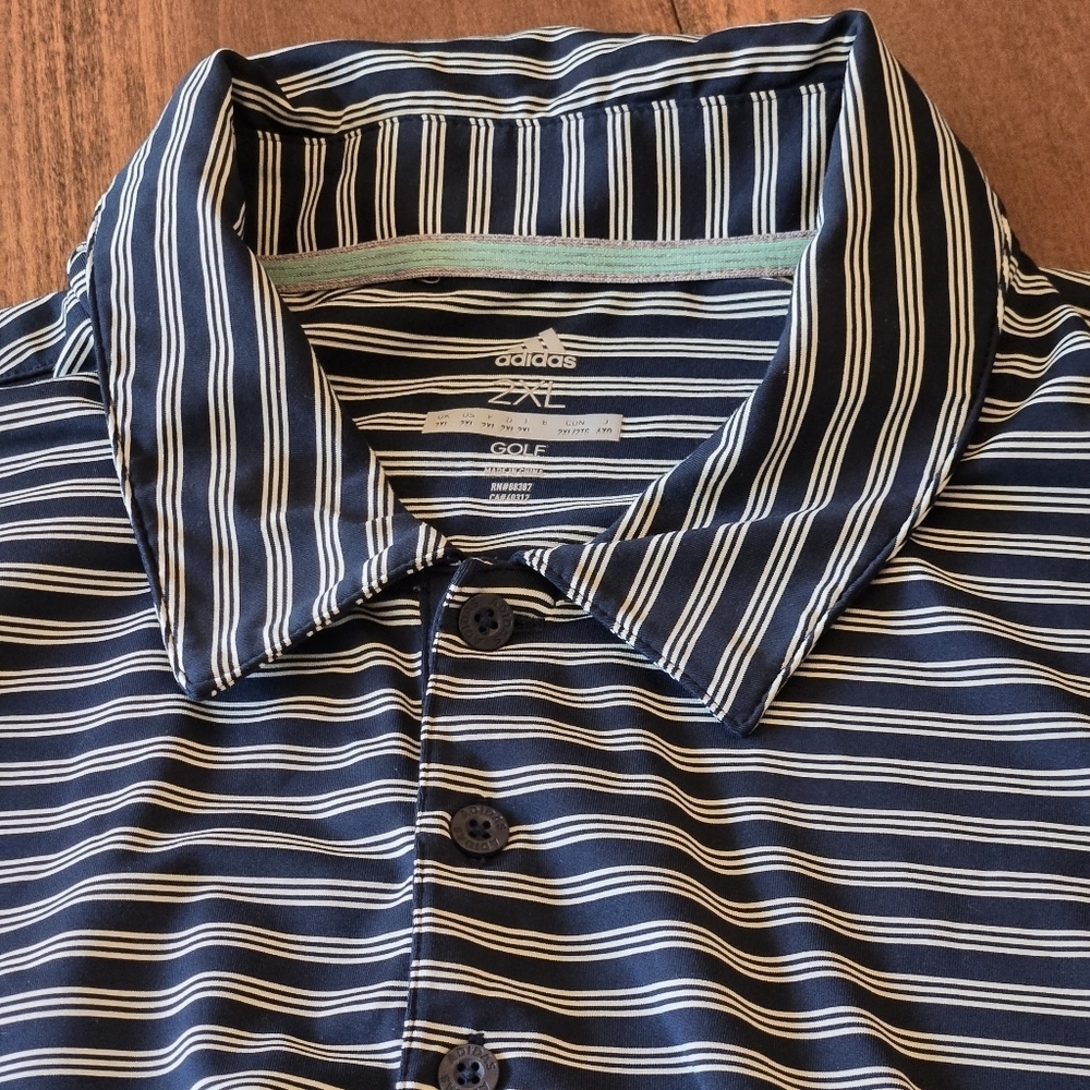Adidas Men's 2XL Golf Polo 2 Color Striped Blue and White Shirt Side Slits - Picture 6 of 12